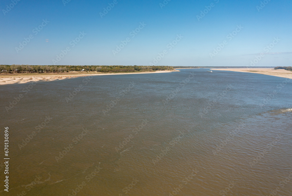 Extreme low water conditions on Mississippi river in October 2023 narrows river channel near Vicksburg MS