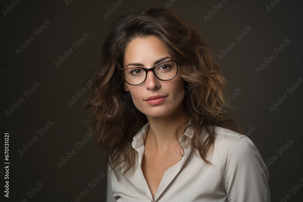 Portrait of a beautiful young woman in a black coat and glasses.