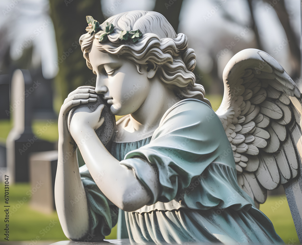 tragic sad angel statue at the cemetery, grave stone, generative ai tragic sad angel statue at the cemetery, grave stone, generative ai