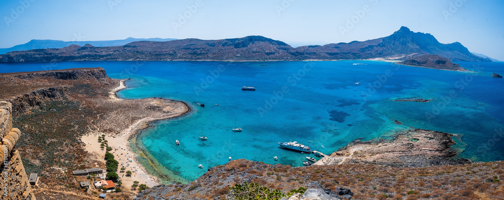 View of Imeri Gramvousa bay. Balos in the backdrop. Crete, Greece - obrazy, fototapety, plakaty 