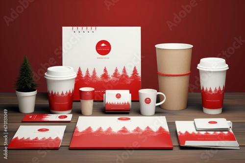 A vibrant display of corporate holiday branding mockup featuring a Christmas-themed logo, business cards, letterheads, and promotional merchandise