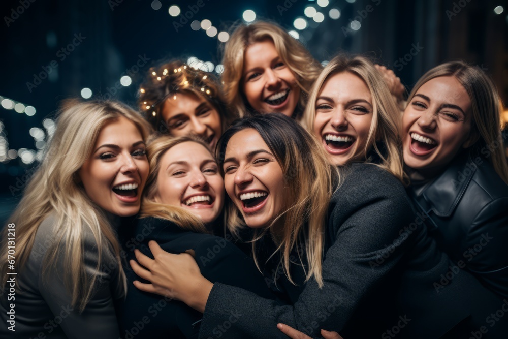 Fototapeta premium A Warm Group Hug Among Colleagues Celebrating New Year's Eve in the Office, Strengthening Bonds and Welcoming the Upcoming Year