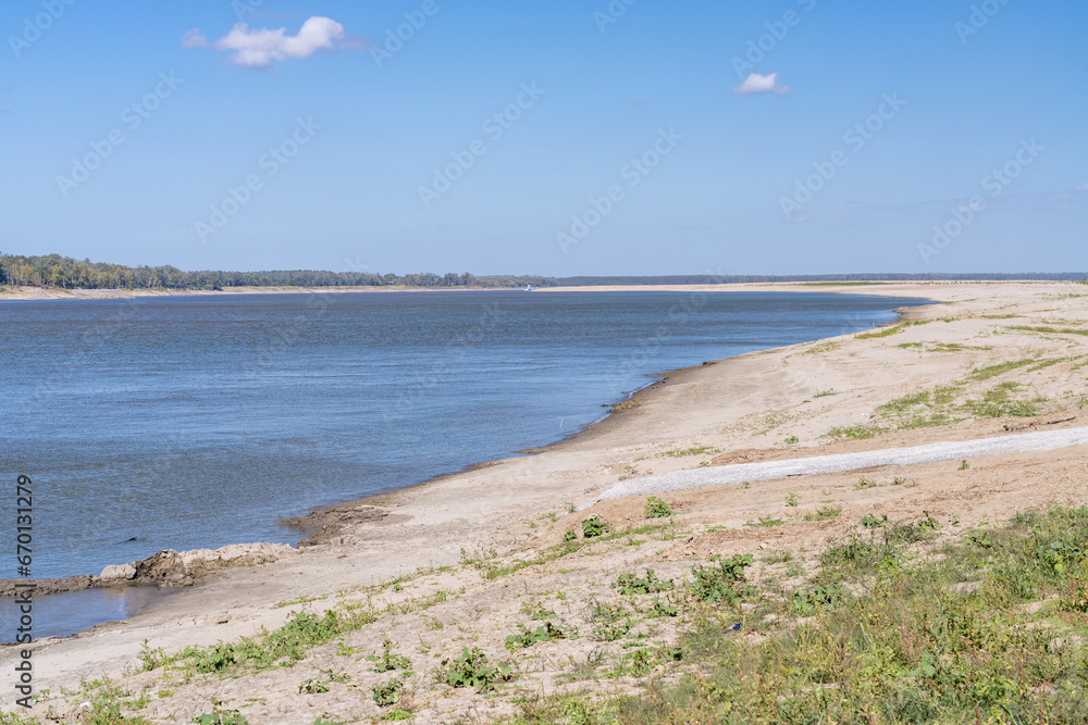 Extreme low water conditions on Mississippi river in October 2023 narrows river channel near Vicksburg MS