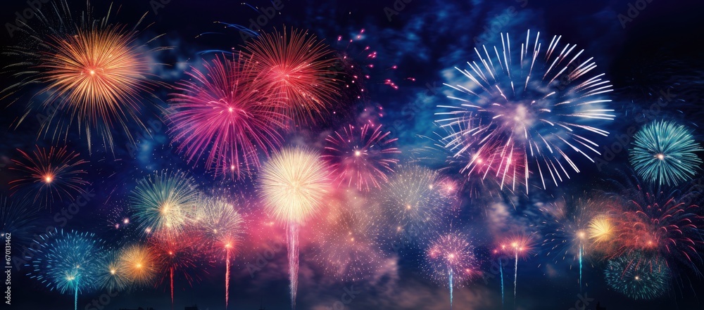 Fototapeta premium Multicolored fireworks on a dark background. Banner for the site. Place for text. Wallpaper for holidays. Festive light