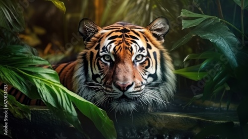 Portrait of beautiful tiger in the deep jungle forest background. Sketchbook cover template. Big cat illustration. Generated with AI. © Sunny_nsk