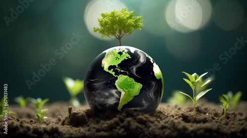 Greening for sustainable future and CO2 footprint reduction. Environmental conservation for better tomorrow. Earth recovery from carbon dioxide with forestation initiative. Greenhouse awareness.