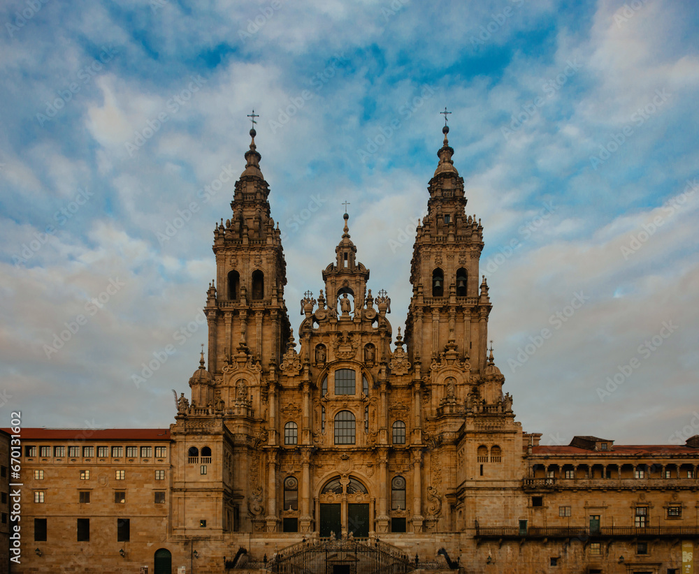 Close-up of the impressive facade of the Gothic Cathedral of Santiago de Compostela, the last stop on the Camino de Santiago