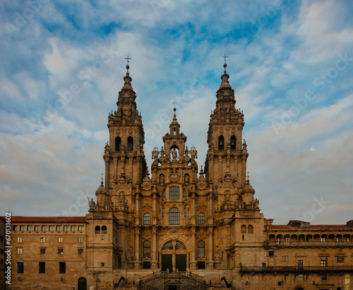 Close-up of the impressive facade of the Gothic Cathedral of Santiago de Compostela, the last stop on the Camino de Santiago