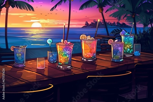 Tropical cocktails on beach bar, vacation and nightlife in Honolulu, Hawaii. Ocean view, luau party. Generative AI