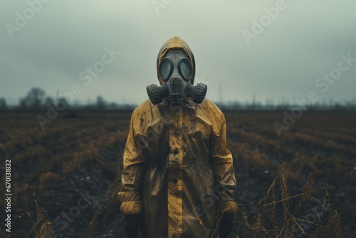 post-apocalyptic gloomy landscape at moody weather with single person wearing chemical protective full-body heavy suit