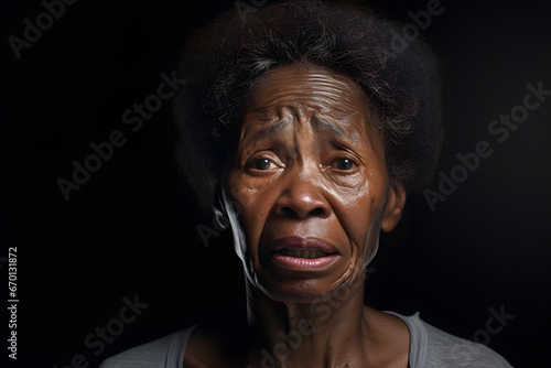 Angry senior African American woman yelling, head and shoulders portrait on black background. Neural network generated image. Not based on any actual person or scene. photo
