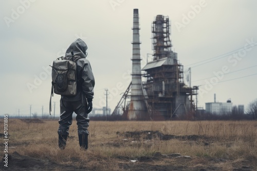 post-apocalyptic gloomy industrial landscape at moody weather with single person wearing chemical protective full-body heavy suit