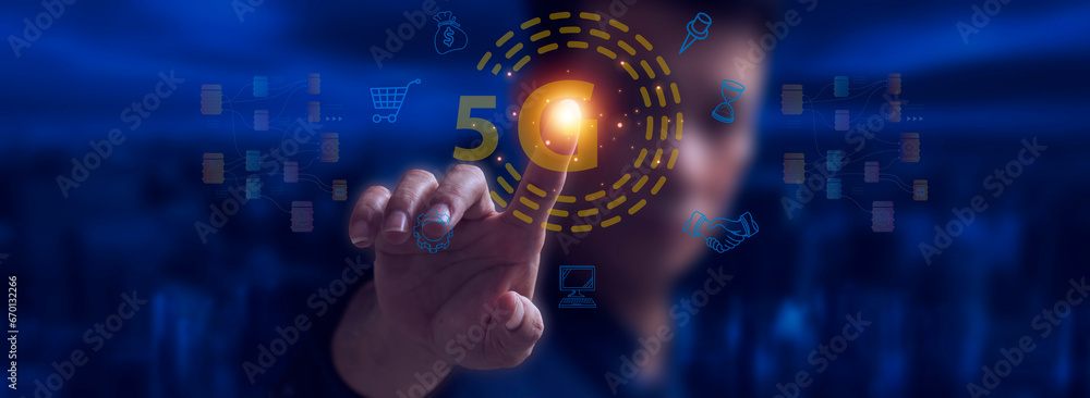 Person in contact. 5G icon. Virtual screen. To scan fingerprints, the concept of management changes things. , Security, finance, banking, AI systems connected around the world