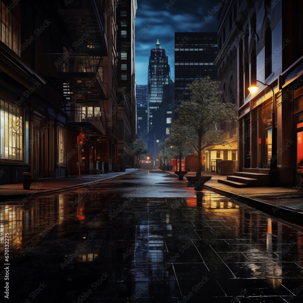 photorealistic city street side walk at night, distant tall buildings 