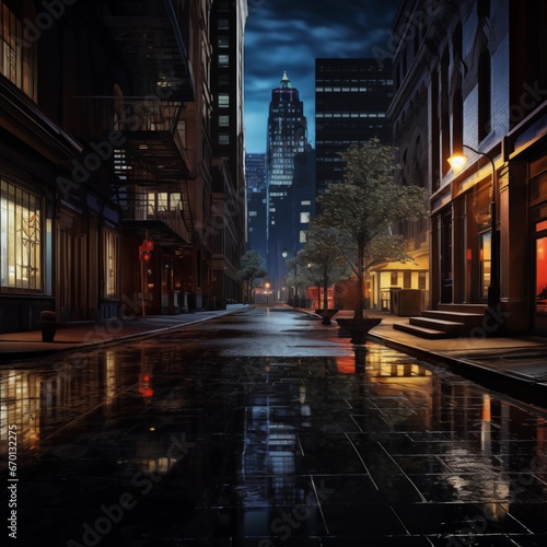 photorealistic city street side walk at night  distant tall buildings 