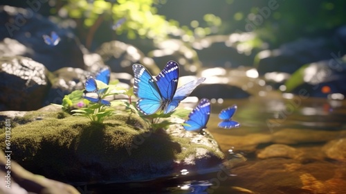 A group of Butterfly Bluets gathering on a sunlit rock by a flowing stream, basking in nature's beauty.