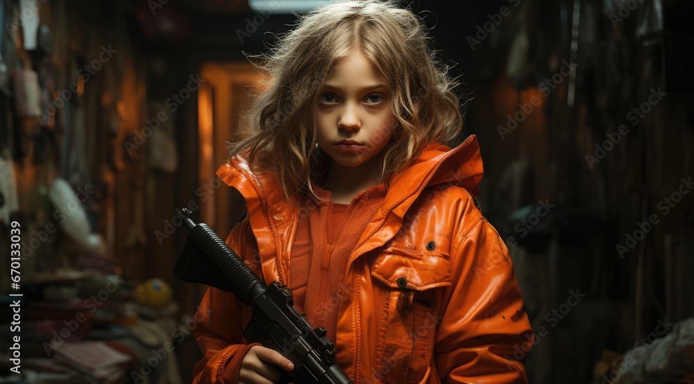 little girl with flowers and with real weapons, no war but love, evil look. Lost childhood due to war and hostilities, defense army