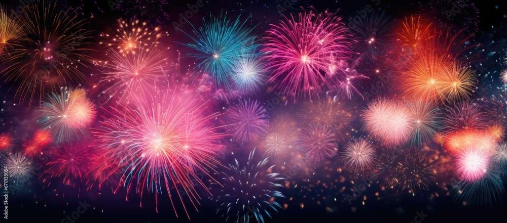 Fototapeta premium Multicolored fireworks on a dark background. Banner for the site. Place for text. Wallpaper for holidays. Festive light