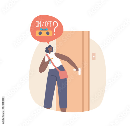 Ocd Woman Reluctantly Leaves Her Home, Consumed By Anxiety Over Whether She Turned The Oven Off, Vector Illustration