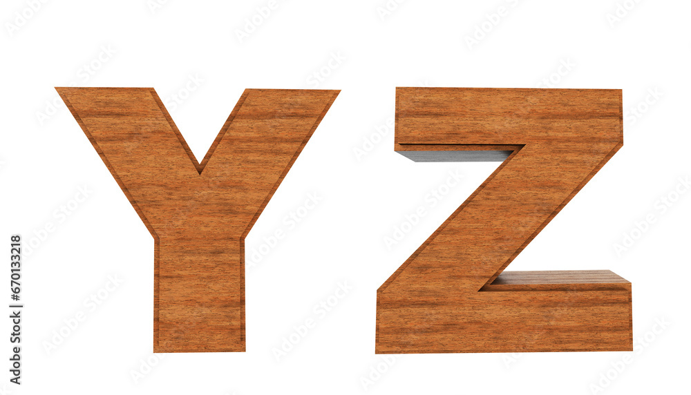 Fototapeta premium Wooden alphabet made in 3D render. Letters Y, Z, with wooden texture in a box. White background with one-click removal.