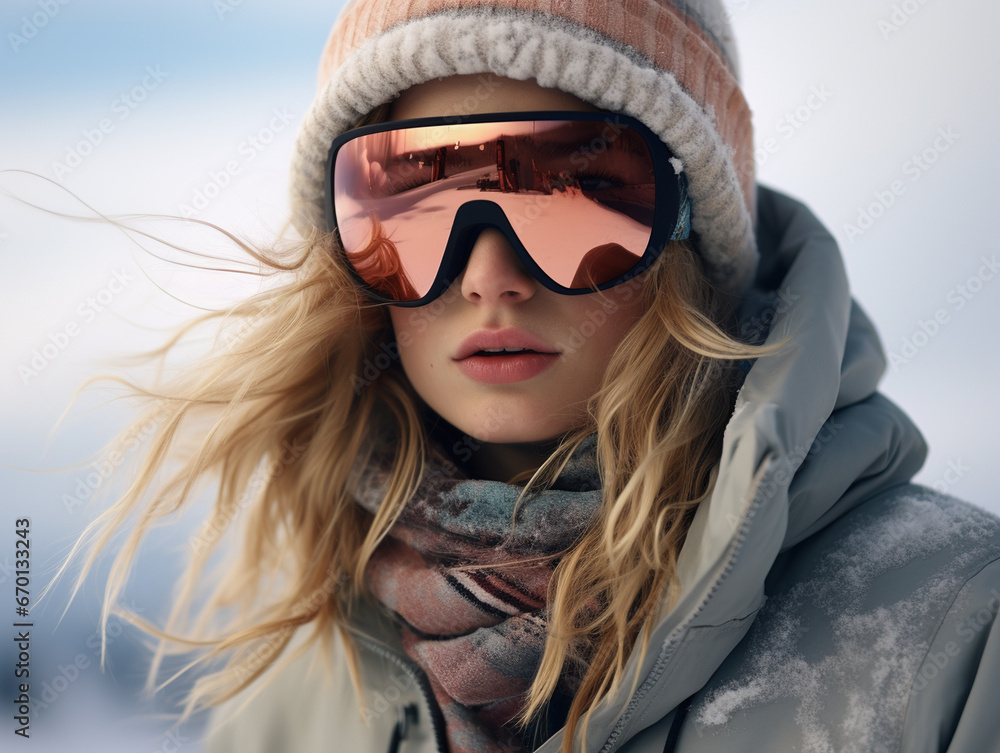 Portrait of beautiful female snowboarder in hat and eyewear Portrait of beautiful female snowboarder in hat and eyewear