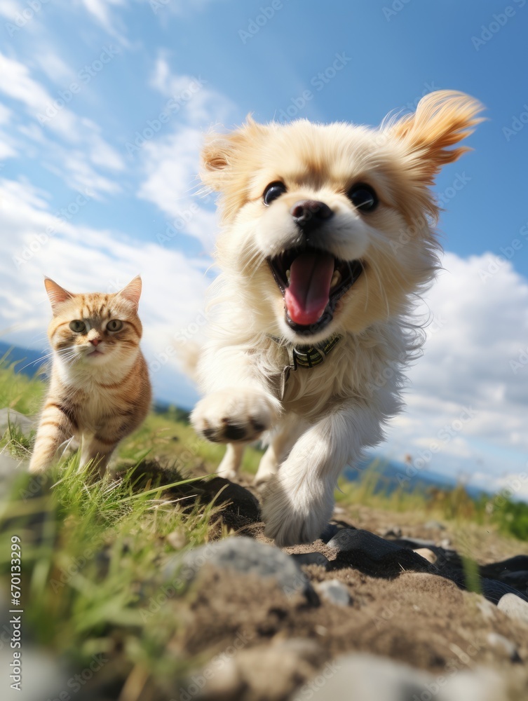 Dog and cat friends play walking outside on a meadow in the grass, friendly atmosphere, family love, peace, summer sunny day, great mood, joyful happy and smiling