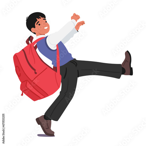 Schoolboy Strained Under The Weight Of His Colossal Rucksack, Its Bulk Seemingly Twice His Size, Vector Illustration