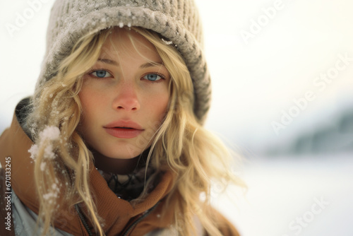 Portrait of young beautiful woman in winter coat and hat, cold winter season	
