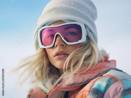 Portrait of beautiful female snowboarder in hat and eyewear