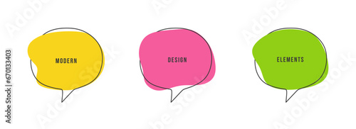 Set of speech bubbles for banners, price tags, stickers, badges, discounts and promotion. Speech balloons in yellow, pink and green color isolated. Modern design elements. Vector illustration