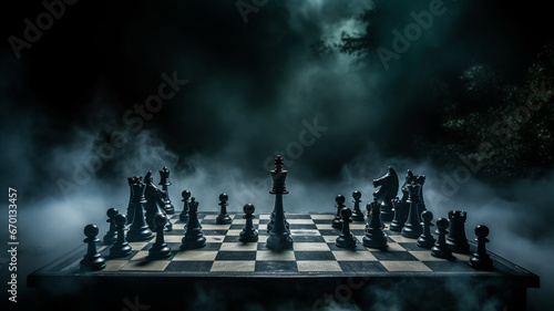 chess board with chess pieces and smoke. business strategy concept. leadership and success.