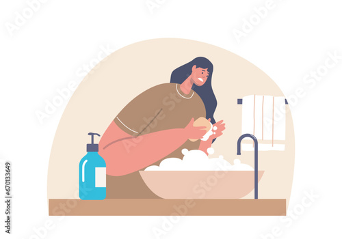 Woman with Obsessive-compulsive Disorder, Ritualistically Washing Hands, Driven By Relentless Fear, Vector Illustration