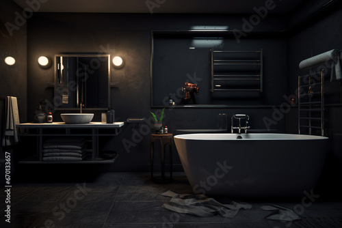 Dark and minimalistic bathroom interior with bathtub and plants for decor