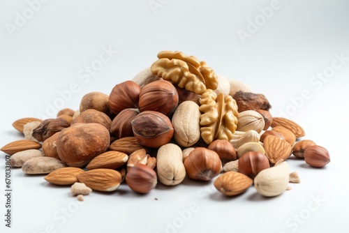 Assorted nuts on a white background. Generative AI