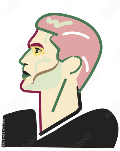 Abstraktes männliches Porträt Seitenansicht. Stylishes Männergesicht. Männlicher Kopf im Profil. Cooler männlicher Avatar Pop art style