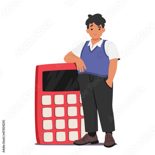 Young Schoolboy Character Diligently Solving Problems With His Oversized Calculator, Showcasing His Commitment
