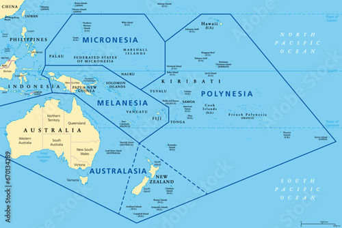Subregions of Oceania, political map. Geoscheme with regions in the Pacific Ocean and next to Asia. Melanesia, Micronesia, Polynesia, and Australasia, short for Australia and New Zealand. Vector. photo