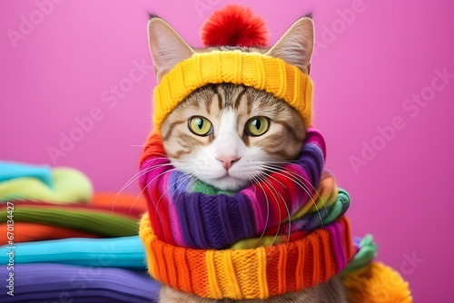 Studio portrait of a cat or kitten wearing knitted hat, scarf and mittens. Colorful winter and cold weather concept. © Mihai Zaharia