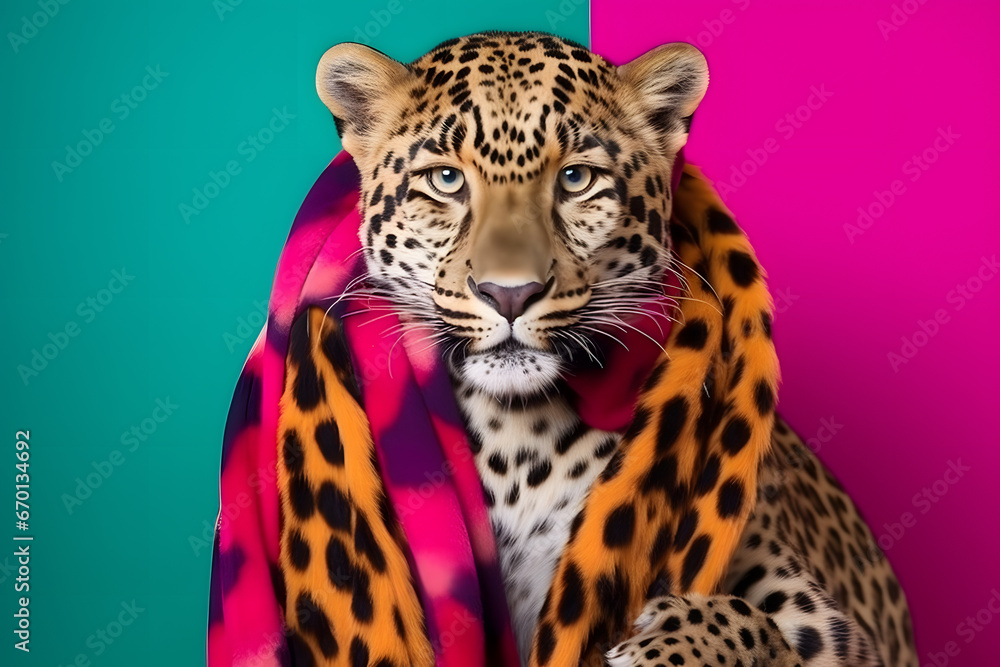Fototapeta premium Studio portrait of a leopard wearing knitted hat, scarf and mittens. Colorful winter and cold weather concept.