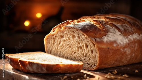 freshly baked bread with a loaf of rye bread on a dark wooden surface