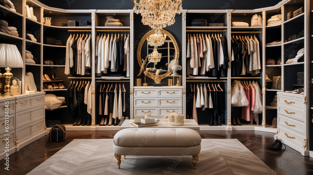 A well-organized walk-in closet with shelves of neatly arranged shoes, clothing, and accessories A well-organized walk-in closet with shelves of neatly arranged shoes, clothing, and accessories