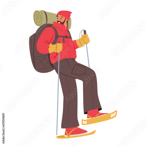 Bundled-up Man In Winter Attire, Wearing Snowshoes, Clutching Hiking Poles, And Carrying A Loaded Backpack