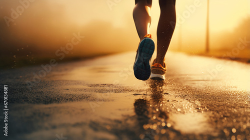 female athlete running on the road. runner running at sunrise