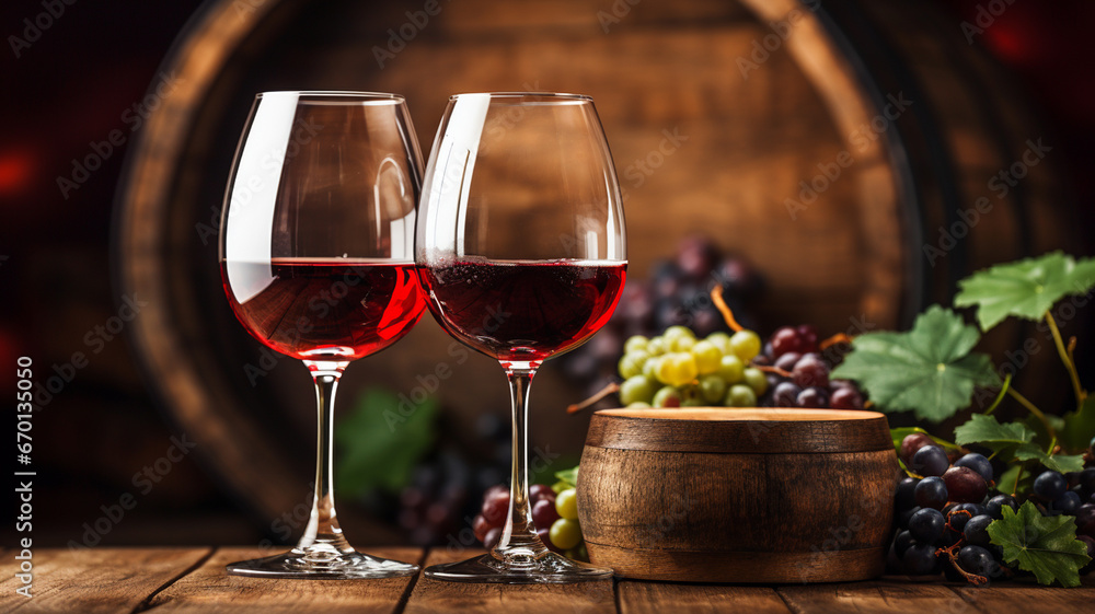 glass of red wine and grape on wooden background