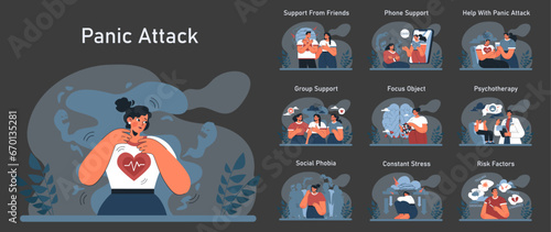 Panic attack dark or night mode set. Mental health disorder. Phobia, frustration and constant stress. Psychotherapy and emotional support idea. Flat vector illustration