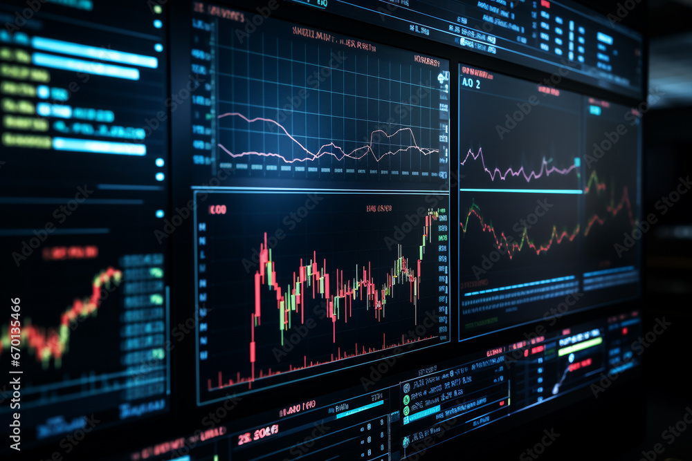 multiple screen graphic markets finance, stock and business on city view background, office station ina tower city, night blue palette lights multiple screen graphic markets finance, stock and business on city view background, office station ina tower city, night blue palette lights
