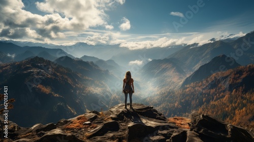 freedom carefree roam alone traveller staning on the hill mountain top with stunning mountain scenery view background successful in life woman explore mountain view background © VERTEX SPACE