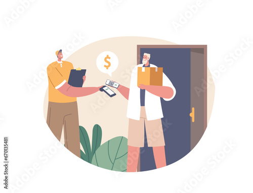 Male Character Uses Cashless Payment. Man Swiftly Paid The Courier Using A Qr Code, Simplifying The Transaction