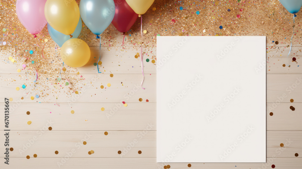 White Blank Birthday Card Mockup with Festive Accents On Wooden Backdrop, Confetti And Balloons. Birthday Greetings Mock Up Template. Generative AI - obrazy, fototapety, plakaty 