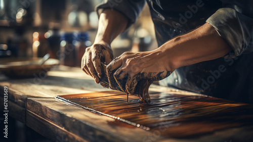 male hands making wooden table. © Vahagn